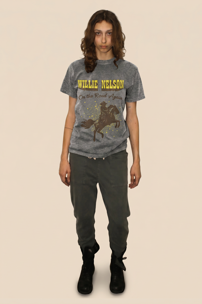 Willie Nelson On The Road Heather Tee Womens T Shirt Dark Grey