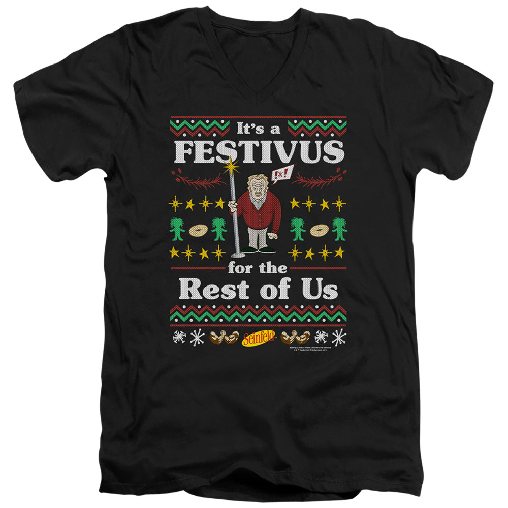 Seinfeld Festive Festivus Mens Slim Fit V-Neck T Shirt Black