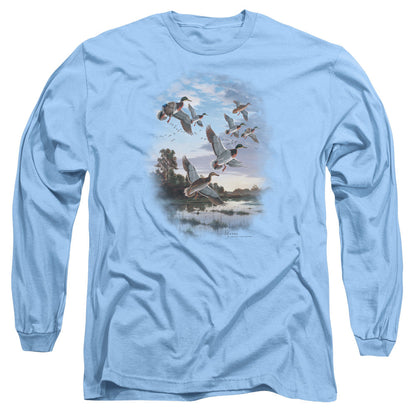 Wildlife Evening Flight Mallards Mens Long Sleeve Shirt Carolina Blue Officially Licensed