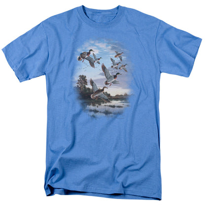 Wildlife Evening Flight Mallards Mens T Shirt Carolina Blue