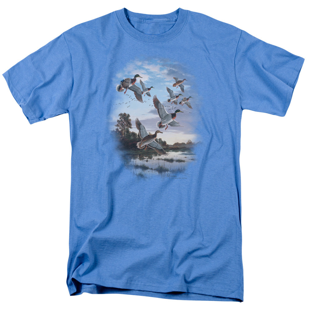 Wildlife Evening Flight Mallards Mens T Shirt Carolina Blue