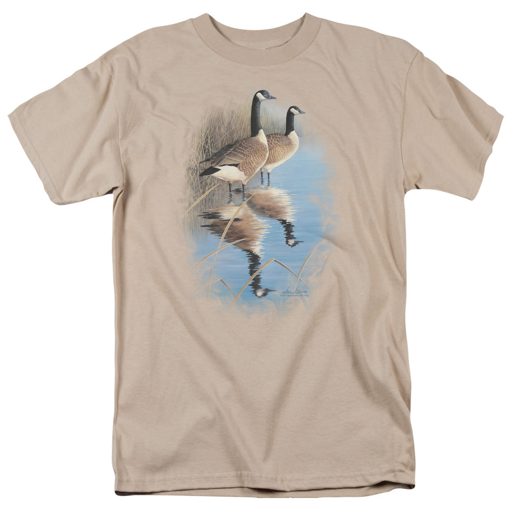 Wildlife Morning Reflections Canada Geese Mens T Shirt Sand