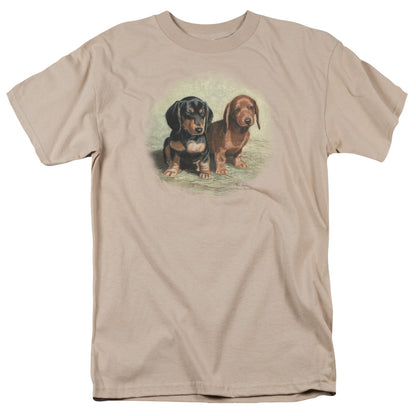 Wildlife Dachshund Pups Mens T Shirt Sand