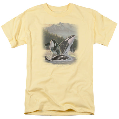 Wildlife Breaching Orcas Mens T Shirt Banana