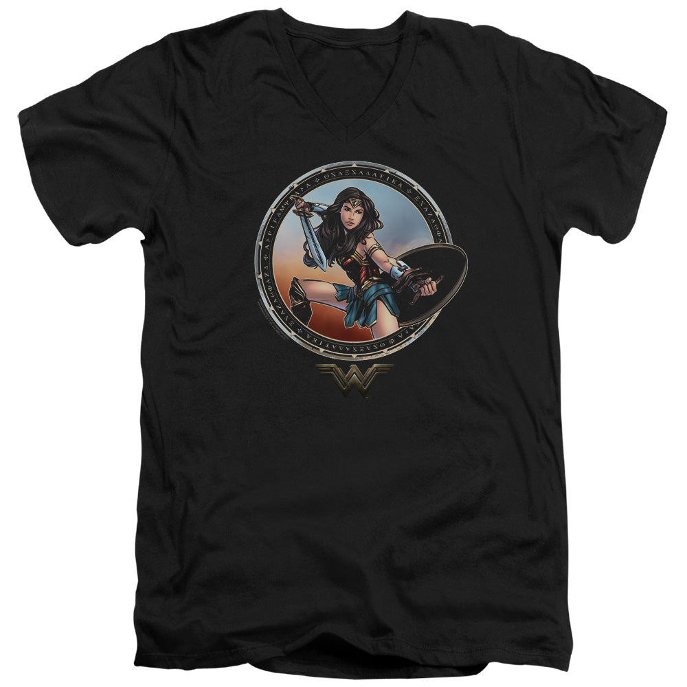 Wonder Woman Movie Battle Pose Mens Slim Fit V-Neck T Shirt Black
