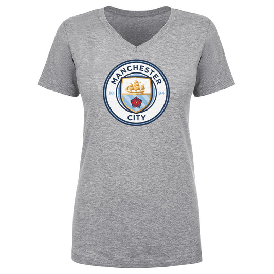Manchester City Primary Logo WHT Womens V-Neck T Shirt 500 Level Officially Licensed Fan Gear