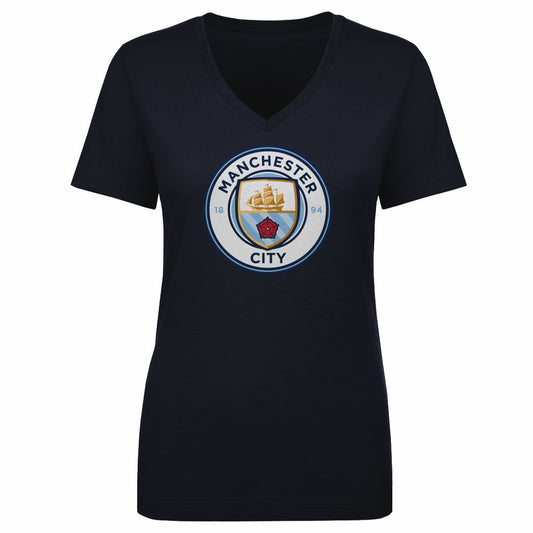 Manchester City Primary Logo WHT Womens V-Neck T Shirt 500 Level Officially Licensed Fan Gear