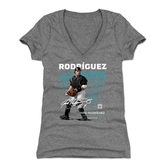 Ivan Rodriguez Throwback Number WHT Womens V-Neck T Shirt 500 Level Officially Licensed Fan Gear
