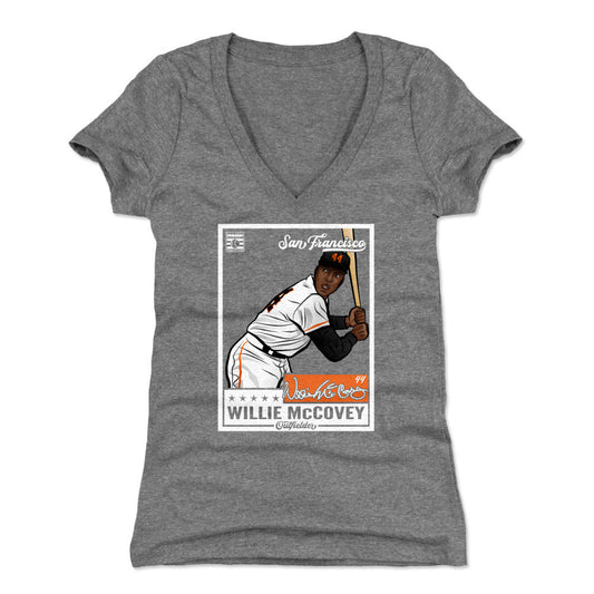 Willie McCovey Throwback Card WHT Womens V-Neck T Shirt 500 Level Officially Licensed Fan Gear