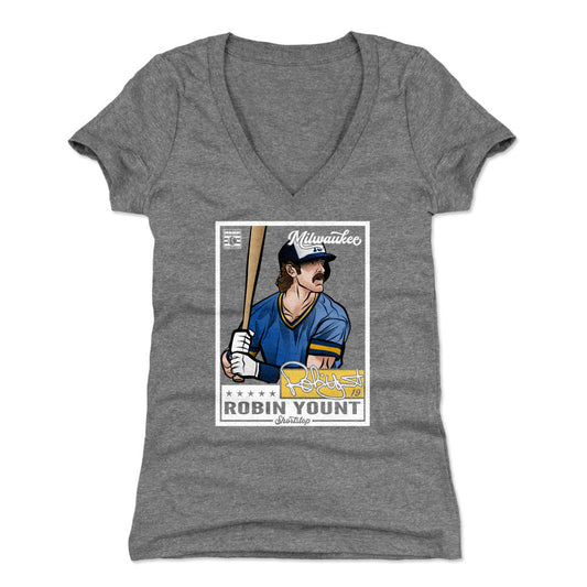 Robin Yount Throwback Card WHT Womens V-Neck T Shirt 500 Level Officially Licensed Fan Gear