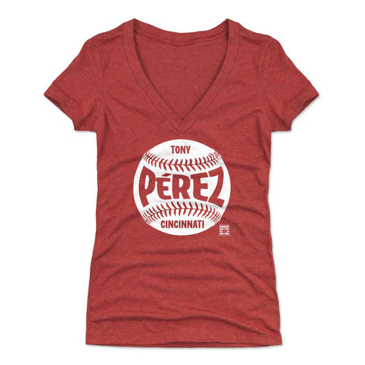 Tony Perez Cincinnati Baseball WHT Womens V-Neck T Shirt 500 Level Officially Licensed Fan Gear