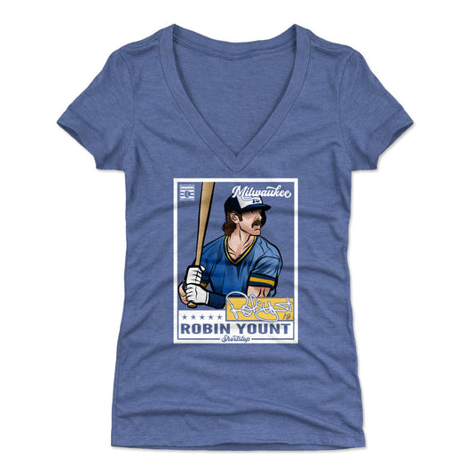 Robin Yount Throwback Card WHT Womens V-Neck T Shirt 500 Level Officially Licensed Fan Gear