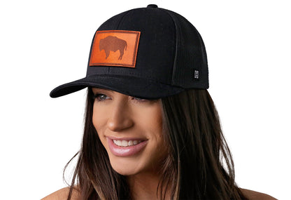 Wyoming Flag Trucker Leather Haka Hat Black WY Snapback
