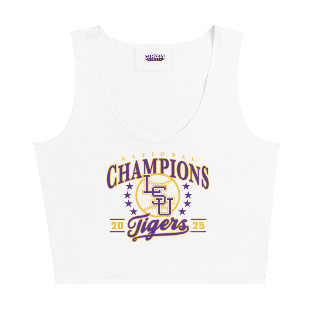 LSU Baseball National Champions Graphic Womens Stretch Crop Top Shirt White