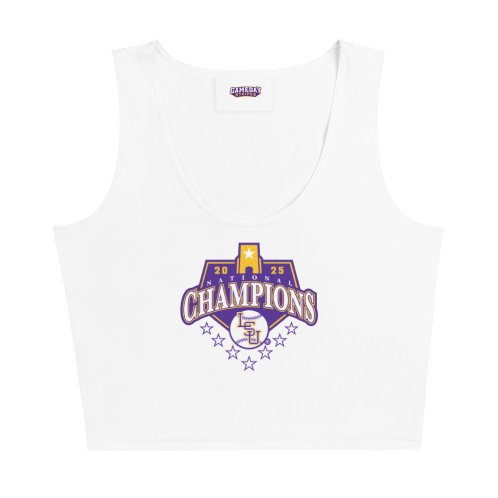 LSU Baseball National Champions Logo Womens Stretch Crop Top Shirt White