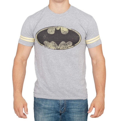 Batman Distressed Logo Striped Sleeves T Shirt
