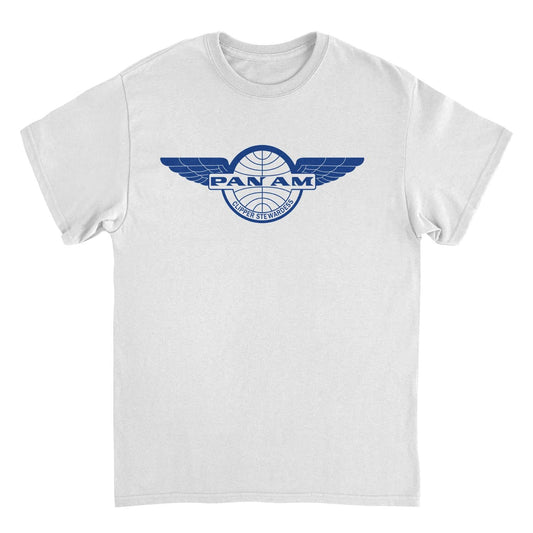 Pan Am Clipper Stewardess Blue Print White Mens T Shirt