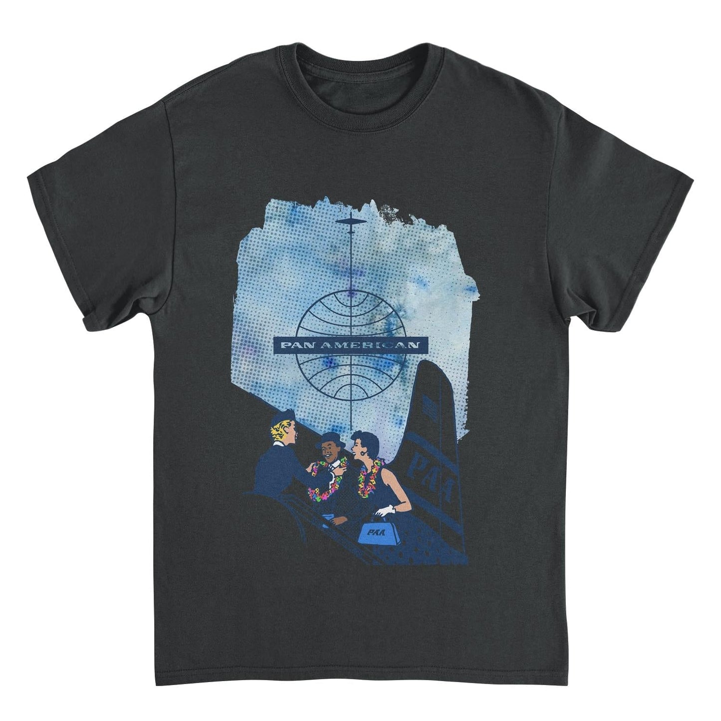 Pan Am Hostess Placing Rainbow Lei On Customer Black Mens T Shirt