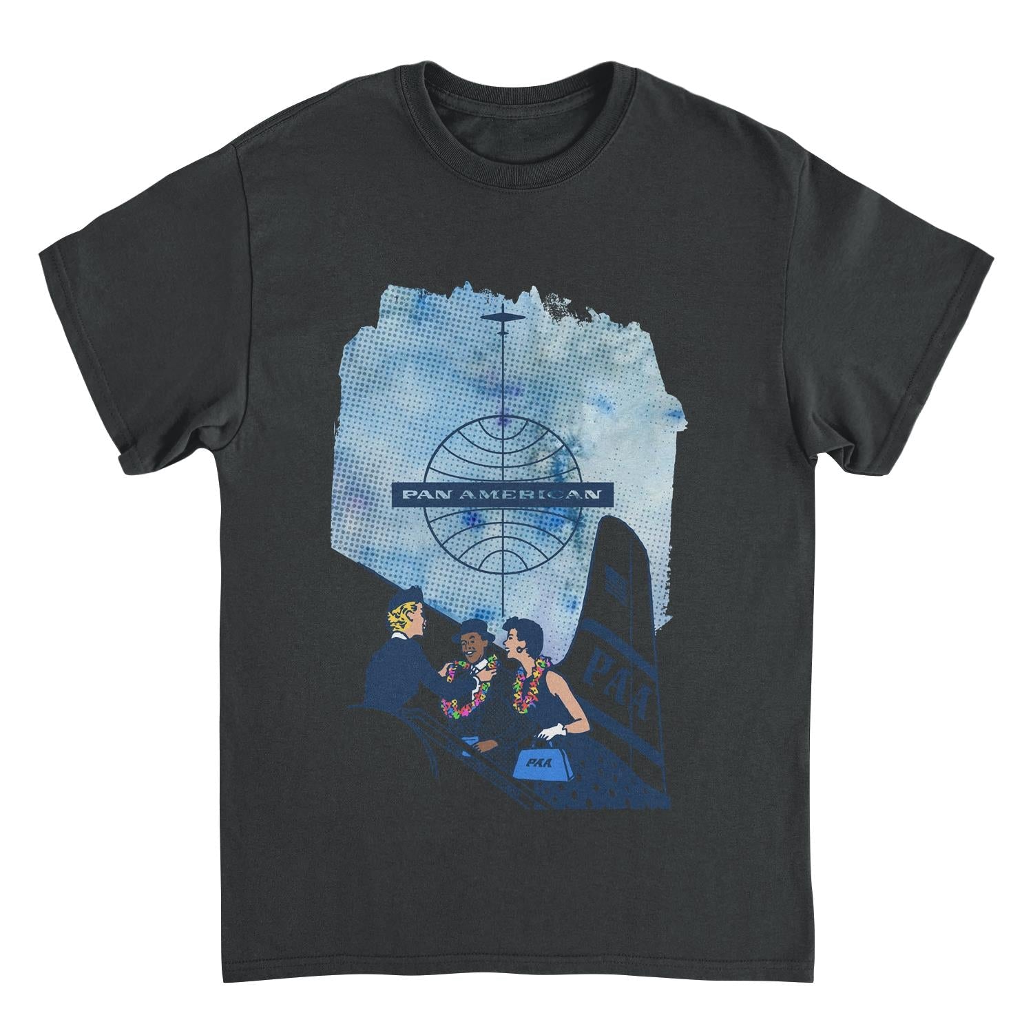 Pan Am Hostess Placing Rainbow Lei On Customer Black Mens T Shirt