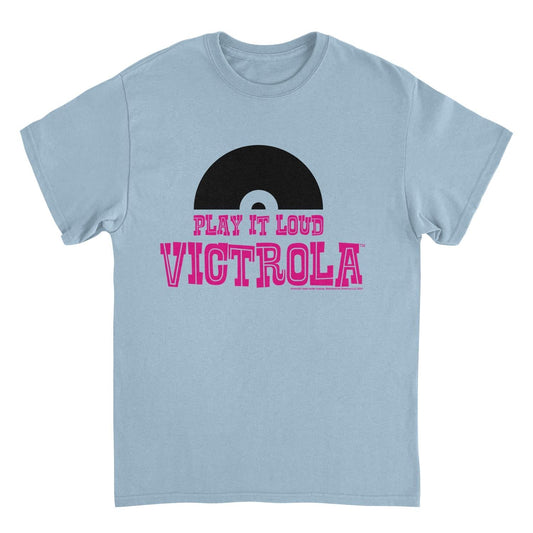 Victrola Half Vinyl Play it Loud Retro Record Company Light Blue Mens T Shirt