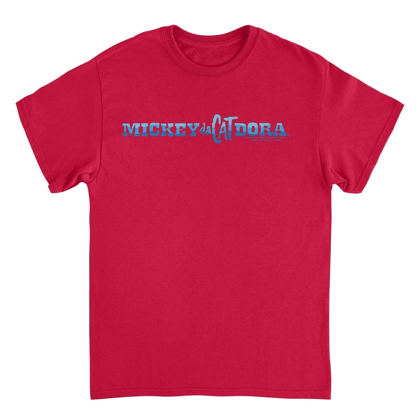 Mickey Da Cat Dora Blue Wavy Text Retro Surfer Miki Red Mens T Shirt