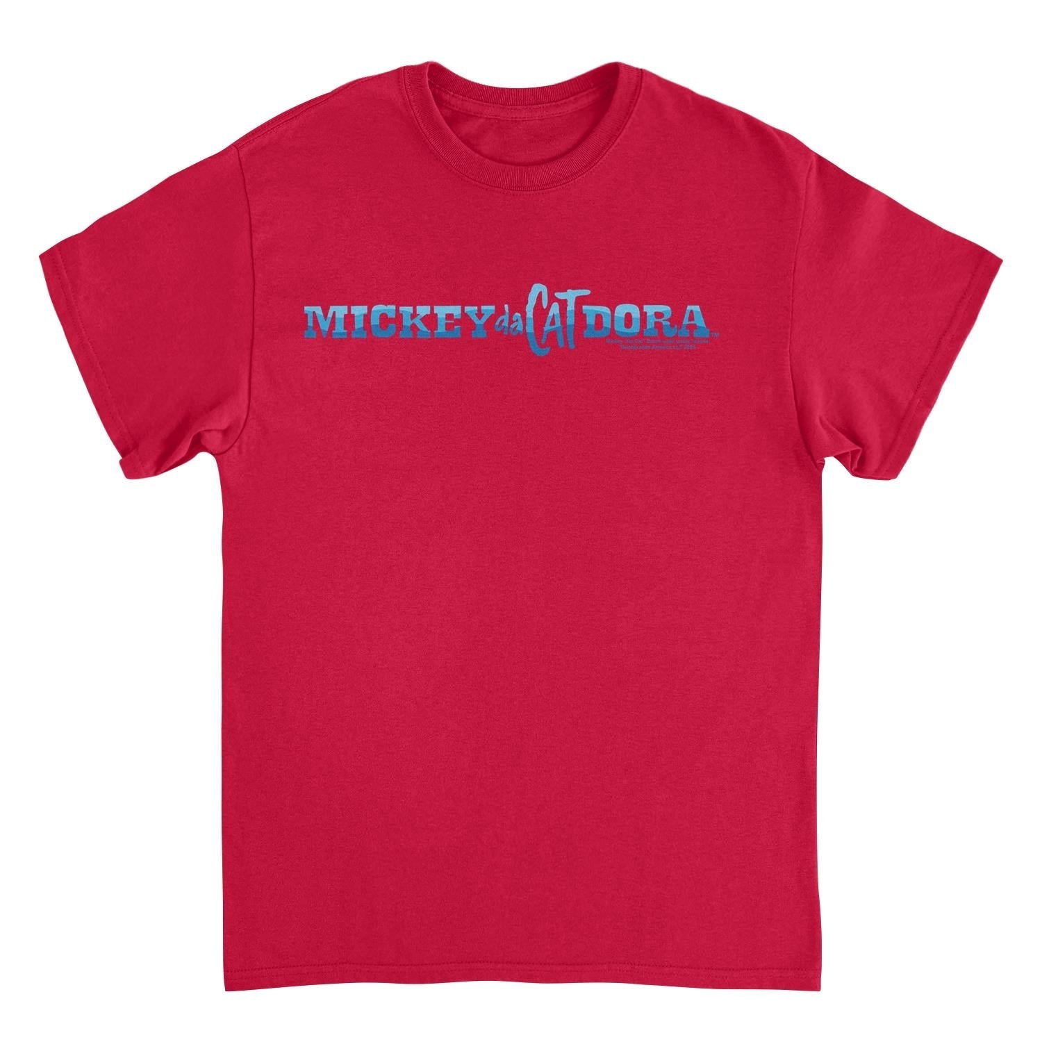 Mickey Da Cat Dora Blue Wavy Text Retro Surfer Miki Red Mens T Shirt