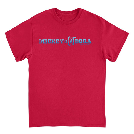 Mickey Da Cat Dora Blue Wavy Text Retro Surfer Miki Red Mens T Shirt