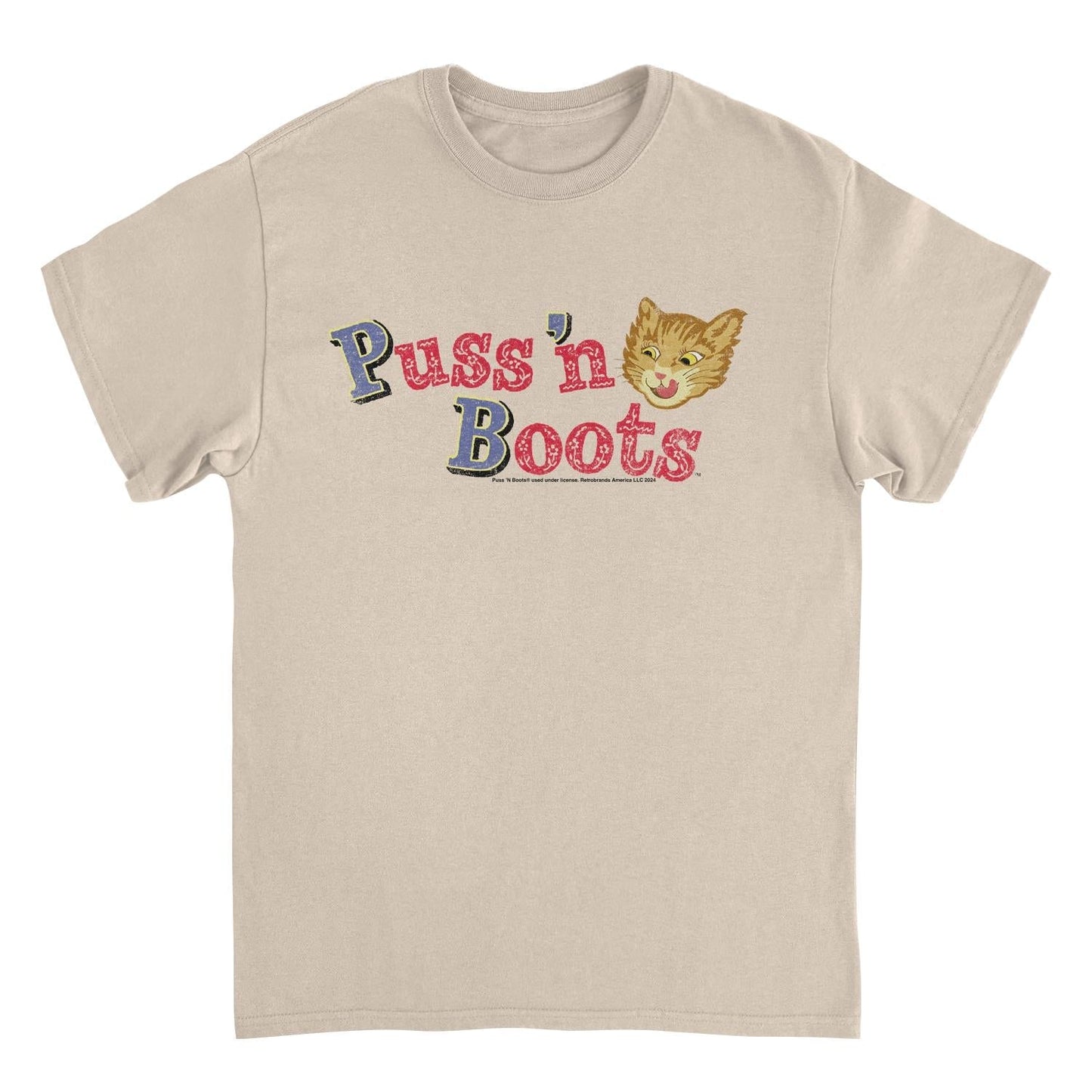 Puss n Boots Distressed Retro Branding Cat Food Sand Mens T Shirt