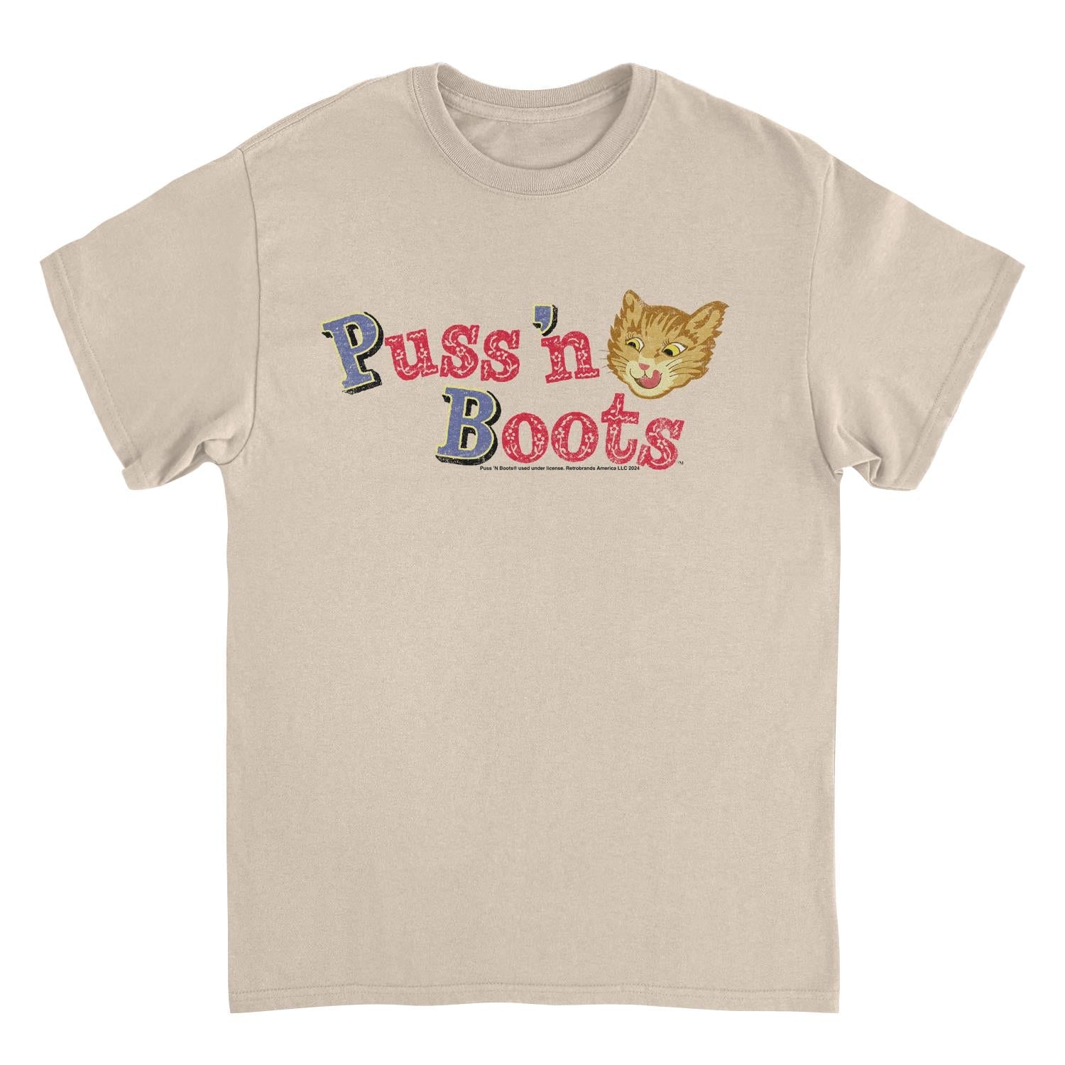 Puss n Boots Distressed Retro Branding Cat Food Sand Mens T Shirt