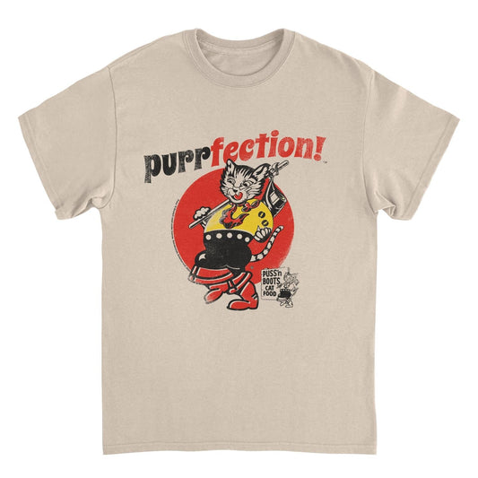 Puss n Boots Retro Cat Food Purrfection Sand Mens T Shirt