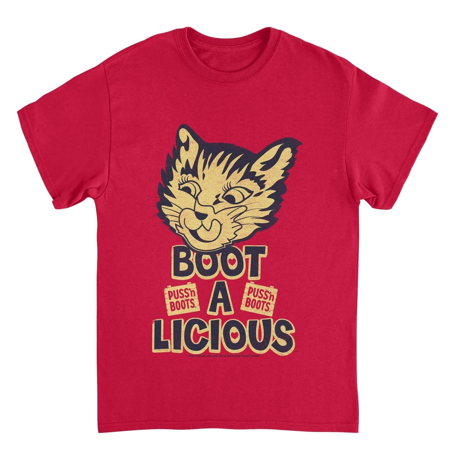 Puss n Boots Boot a Licious Retro Cat Food Red Mens T Shirt