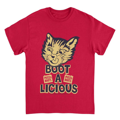 Puss n Boots Boot a Licious Retro Cat Food Red Mens T Shirt