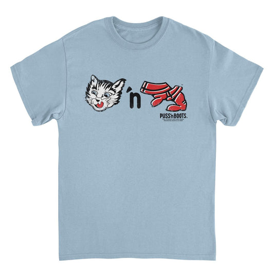 Puss n Boots Retro Cat Food and Boots Light Blue Mens T Shirt