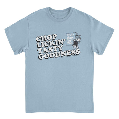 Puss n Boots Retro Cat Food Chop Lickin Light Blue Mens T Shirt