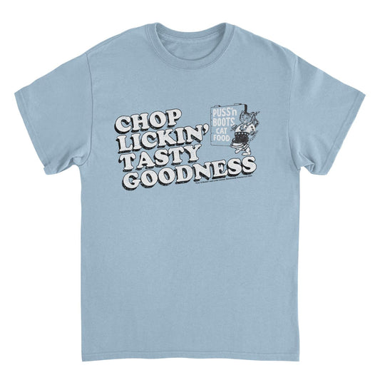 Puss n Boots Retro Cat Food Chop Lickin Light Blue Mens T Shirt