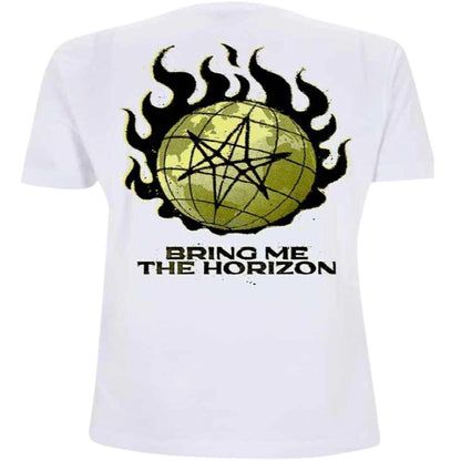 Bring Me The Horizon BMTH Globe on Fire / Flame Mens T Shirt White