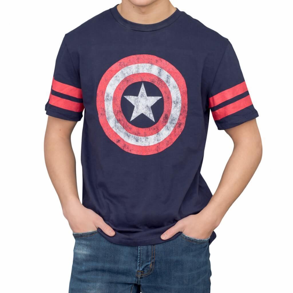 Captain America Distressed Shield Striped Sleeves T Shirt
