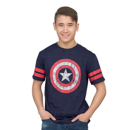 Captain America Distressed Shield Striped Sleeves T Shirt