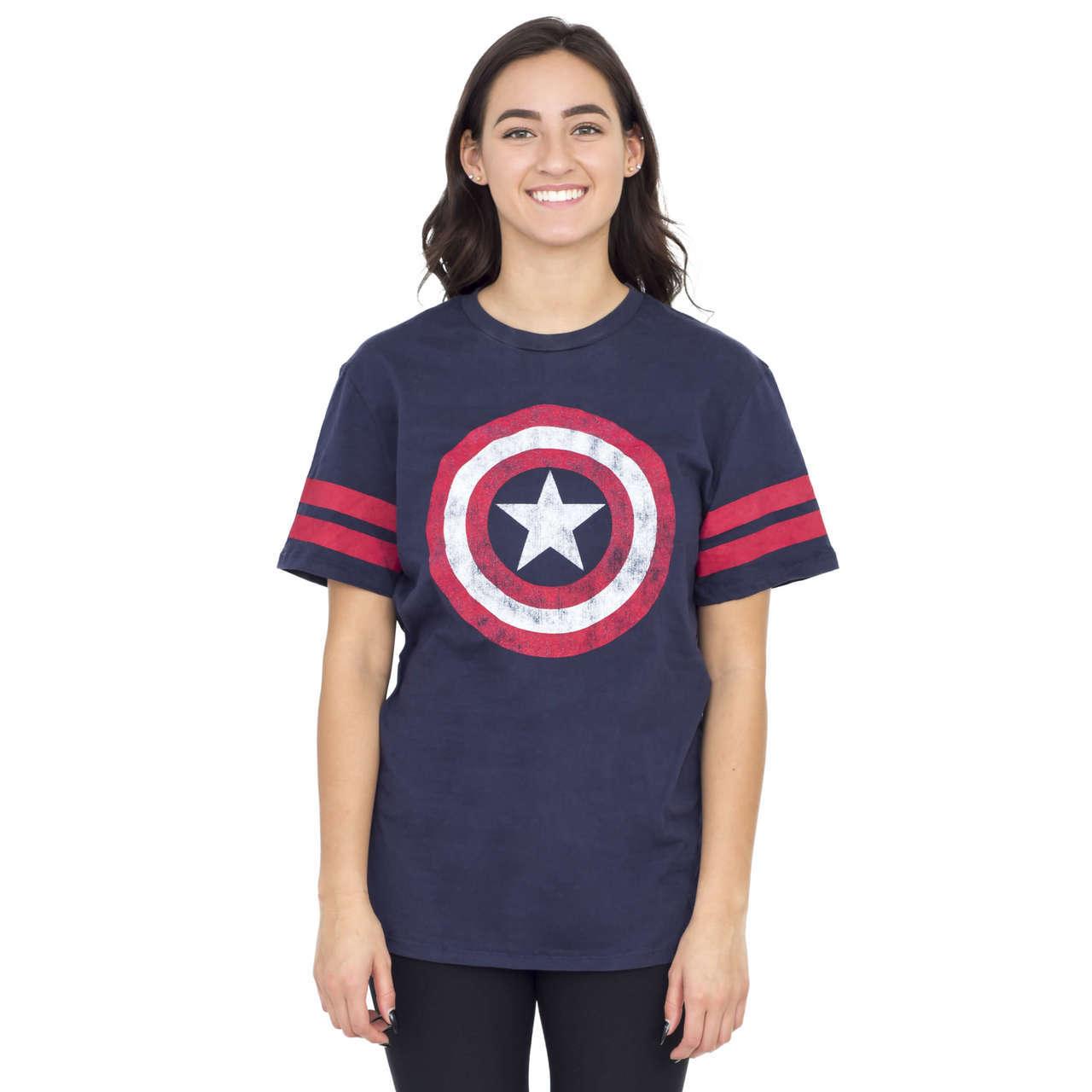 Captain America Distressed Shield Striped Sleeves T Shirt