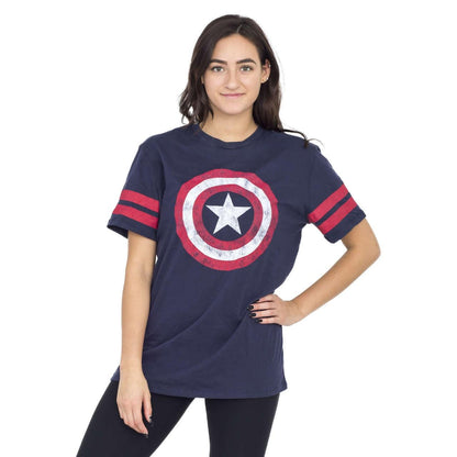 Captain America Distressed Shield Striped Sleeves T Shirt