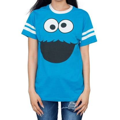 Cookie Monster Face With Striped Seeves T Shirt