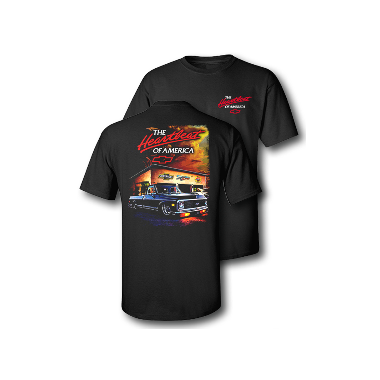 Chevy Trucks "Garage Sunset" Mens T Shirt Black