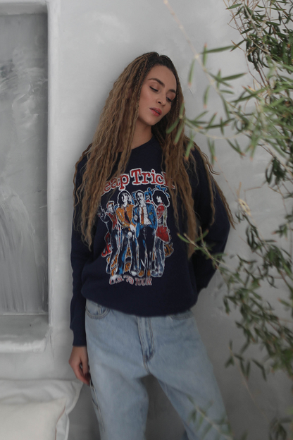 Cheap Trick 1979 US Tour Womens Crewneck Sweatshirt Navy Blue