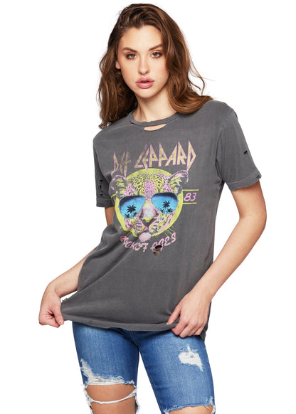 Def Leppard Rock of Ages Neon Cat Band Tee Womens T Shirt Grey