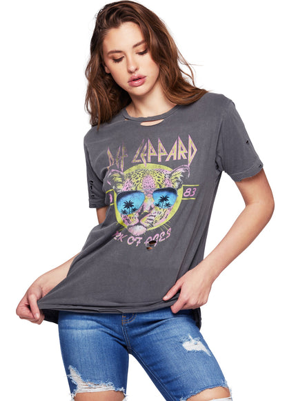 Def Leppard Rock of Ages Neon Cat Band Tee Womens T Shirt Grey