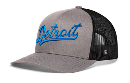 Detroit Blue Script Trucker Haka Hat Black Michigan Snapback Cap