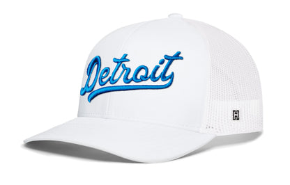 Detroit Blue Script Trucker Haka Hat Black Michigan Snapback Cap