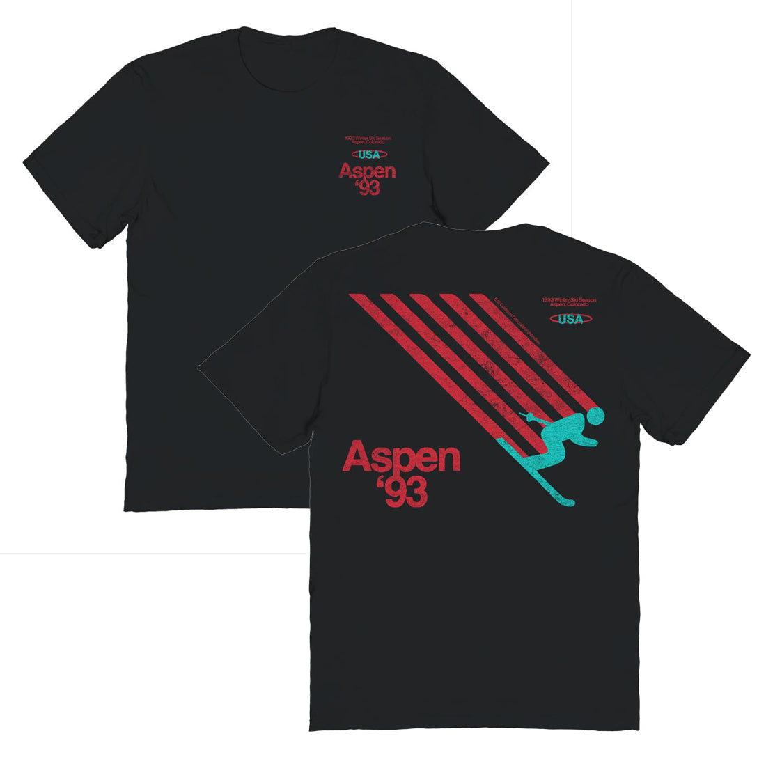 Ski Aspen '93 Front and Back Print Black Mens T Shirt