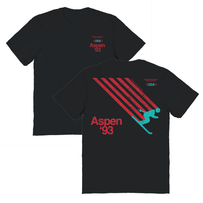 Ski Aspen '93 Front and Back Print Black Mens T Shirt