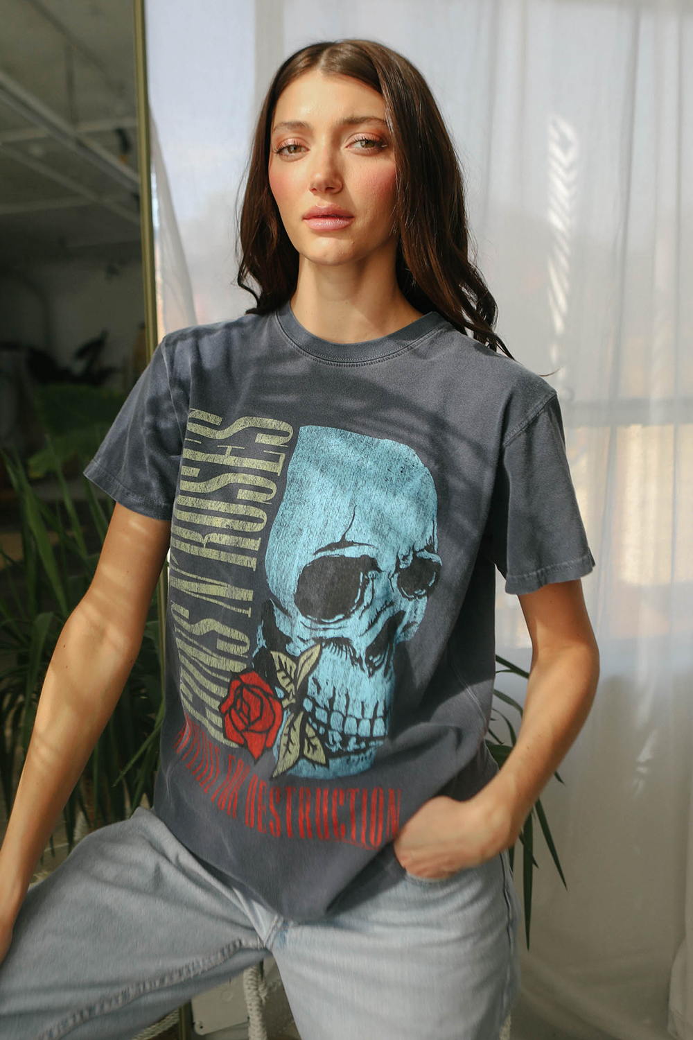 Guns N Roses Flower Skull Tee Womens T Shirt Vintage Black